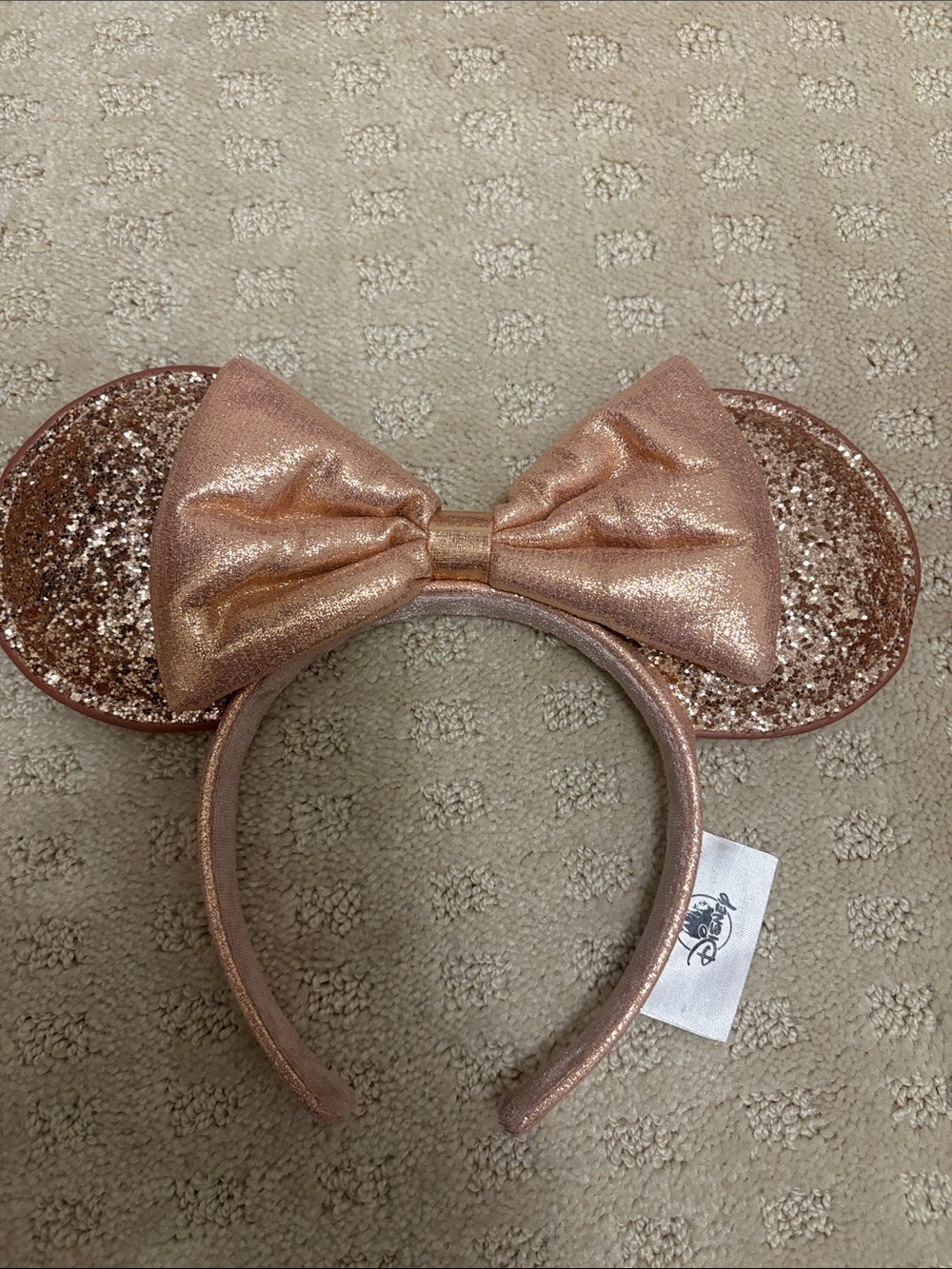 Disney Rose Gold Glitter Minnie Ears Headband with Shimmer Bow